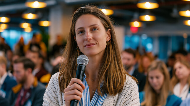 Female founder fielding a condescending question from an audience member at a startup panel event, standing composed and sharp at a microphone, the room watching as she dismantles the bias embedded 