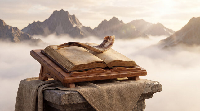 A traditional Jewish Shofar horn resting on an open antique Torah scroll atop a wooden reading stand, set against a breathtaking mountain range at sunrise.