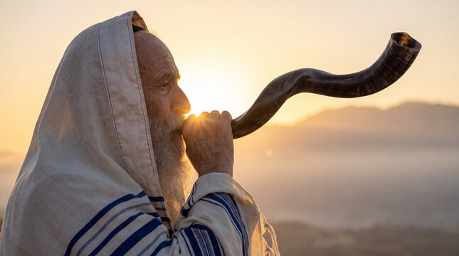 An elderly Jewish man with a beard wearing a tallit blows a ram's horn shofar during a golden sunrise in a mountainous landscape, symbolizing prayer and faith.