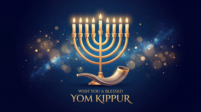 A beautiful golden menorah and shofar on a dark blue background with glowing bokeh lights, celebrating the solemn and blessed Jewish holiday of Yom Kippur.