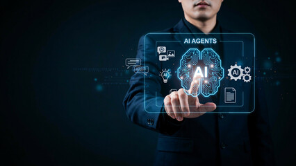 Obraz premium Artificial intelligence and human connection touching glowing earth representing future technology and global unity