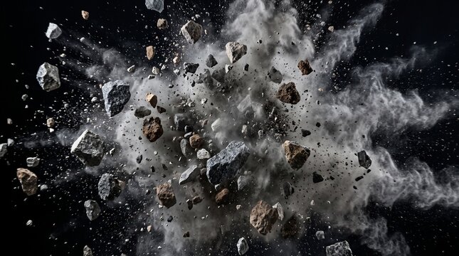 Chunks of stone, rock, and dust exploding violently outward against a black background.