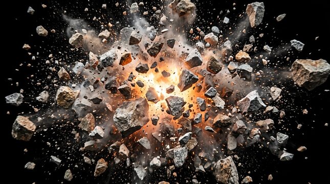 Chunks of stone, rock, and dust exploding violently outward against a black background.