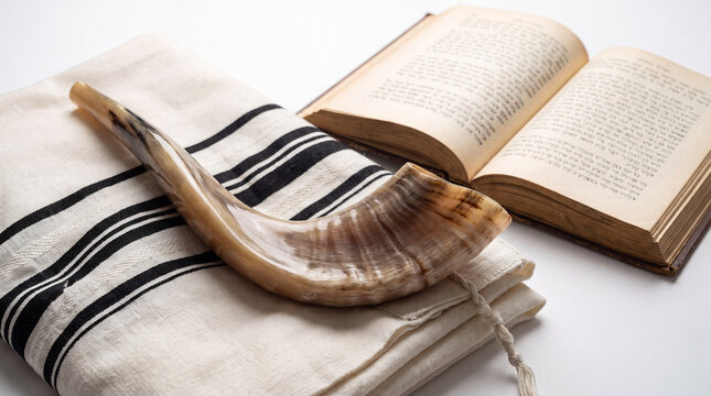A traditional shofar horn resting on a striped white tallit prayer shawl next to an open Hebrew prayer book, representing Jewish religious traditions.