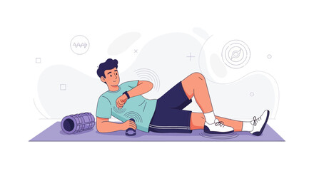 Obraz premium Man Performing Self-Massage with Foam Roller and Massage Gun for Muscle Recovery and Relaxation