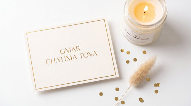 A festive greeting card for Yom Kippur with the Hebrew phrase Gmar Chatima Tova, styled with a burning candle, dried flower, and gold confetti on white.