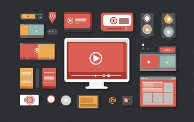 Fototapeta premium Digital media devices flat design illustration. Collection of various gadgets and user interfaces for online streaming and multimedia content