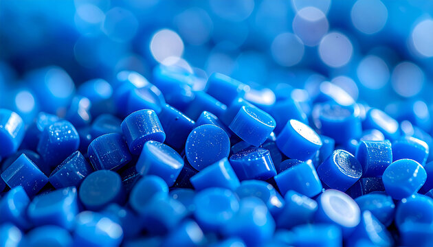 Blue plastic polymer pellets with smooth texture, industrial raw material used in plastic manufacturing, soft blurred background. Close-up.