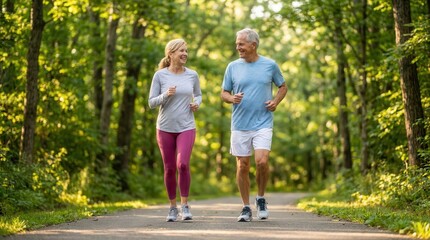 Fototapeta premium Healthy aged couple running together in a natural environment on a summer morning.