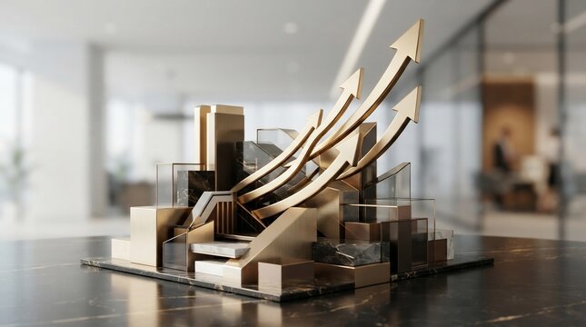 Abstract growth concept with rising arrows and geometric shapes on modern desk