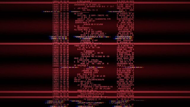 Red hacker screen source code scrolling motion graphic, aggressive cyber attack system failure television glitch with chromatic aberration and thick distortion for tech warning video effects loop 4k