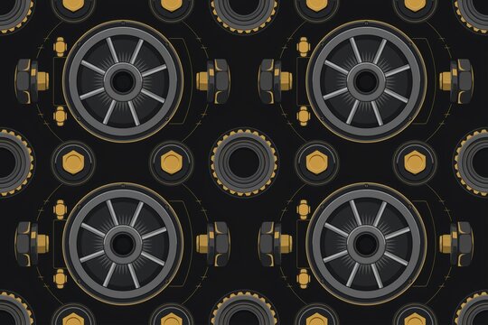 A seamless industrial pattern featuring mechanical gear wheels, circular metal components, and hexagonal bolts on a dark charcoal background