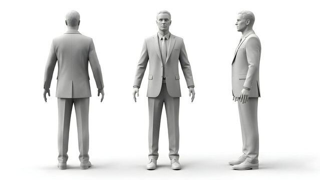 Three-dimensional render of a professional businessman in a formal suit displayed from front, side, and back views for character design