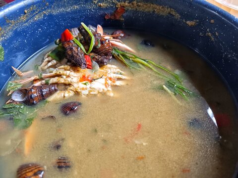 Traditional Guatemalan seafood soup dish prepared with freshwater snails Pachychilus known as jutes and blue crab Callinectes sapidus known as jaiba azul