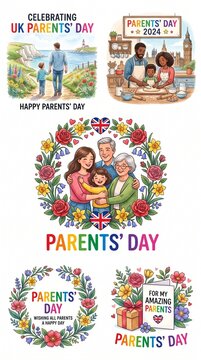 A collection of colorful illustrated greeting card designs celebrating UK Parents' Day, featuring family scenes, floral wreaths, and heartfelt messages for parents in 2024.