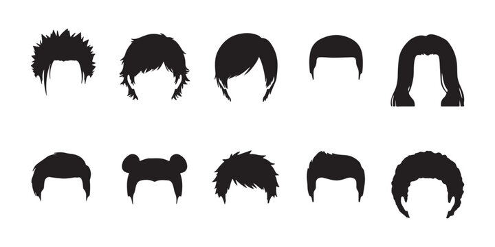 Collection of male anime hair styles vector silhouettes featuring various trendy manga character haircuts isolated on white background for design projects.