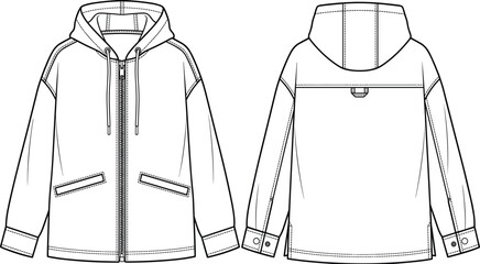 Oversized zip up hooded jacket flat sketch technical drawing vector illustration with front pockets © Mdjoshel 