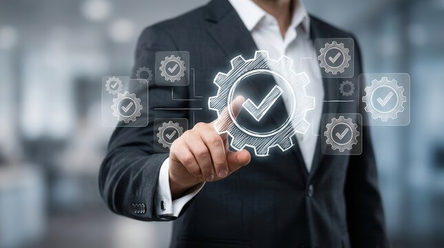 Businessman in suit pointing at gear icons with check marks to demonstrate automation.