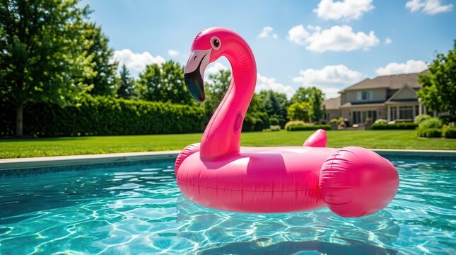 Pink flamingo inflatable float bobbing in clear blue swimming pool water.