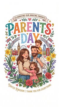 A heartwarming Parents' Day illustration featuring a happy family in London, surrounded by vibrant floral frames and iconic city landmarks, celebrating love, appreciation, and United Kingdom culture.