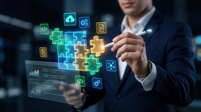 Professional using a stylus on a digital interface for low code no code development platform concept.