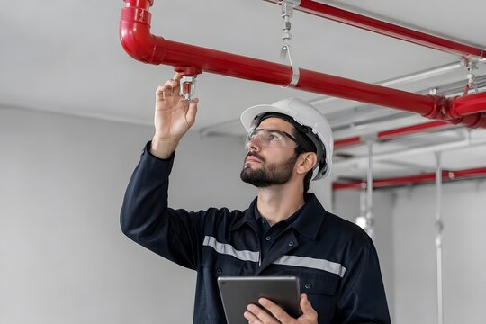 Worker Inspecting Fire Sprinkler System with Digital Tablet in Facility