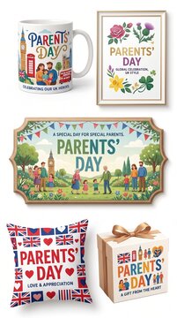 A collection of Parents' Day themed merchandise including a ceramic mug, a greeting card, a decorative rectangular plaque, a printed throw pillow, and a gift box, all featuring London-themed