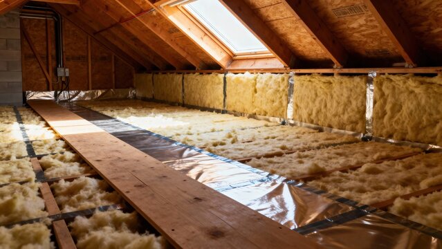 Attic renovation with natural insulation installation. Loft conversion showing eco-friendly cellulose fiber insulation process Ideal for branding, advertising, presentations, websites, social me siyam