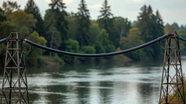 Medium shot capturing a fiber optic cable suspended over a river crossing cable and support structure in focus while surrounding water and trees are softly blurred.