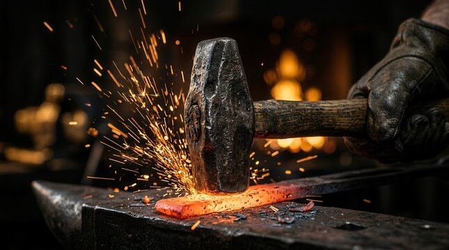 Blacksmith forging steel with a hammer on glowing hot metal in a dark industrial setting.