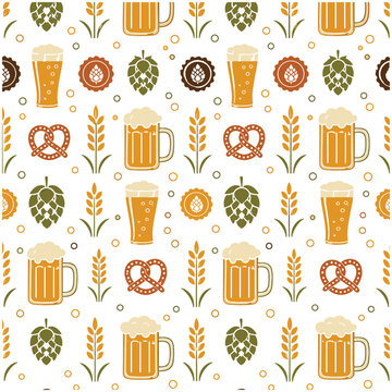International Beer Day Seamless Pattern with Beer Mug, Pretzel, Hops and Brewery Elements Vector Design