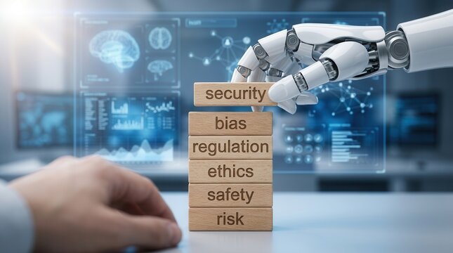 Robotic hand placing the last wooden block on a stack to represent AI ethical concern and responsible usage.