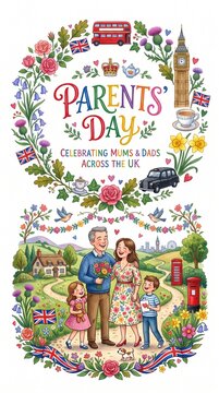 A festive Parents' Day commemorative card illustration featuring a family portrait in a beautiful British countryside setting with iconic UK landmarks and floral elements.