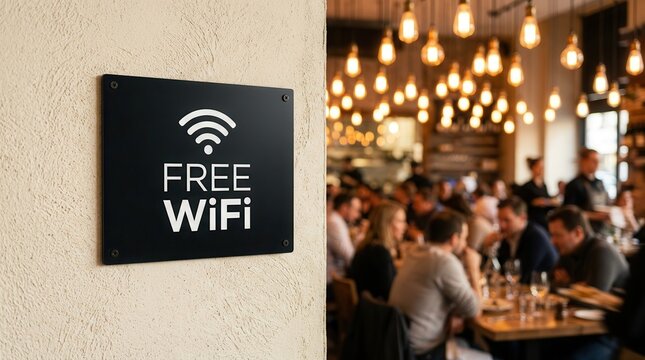 A modern restaurant entrance featuring a black free wifi sign for customer convenience.