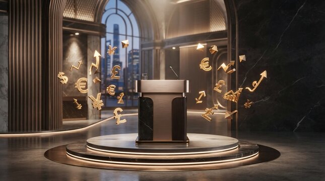 Financial podium with currency symbols and growth charts in dramatic lighting