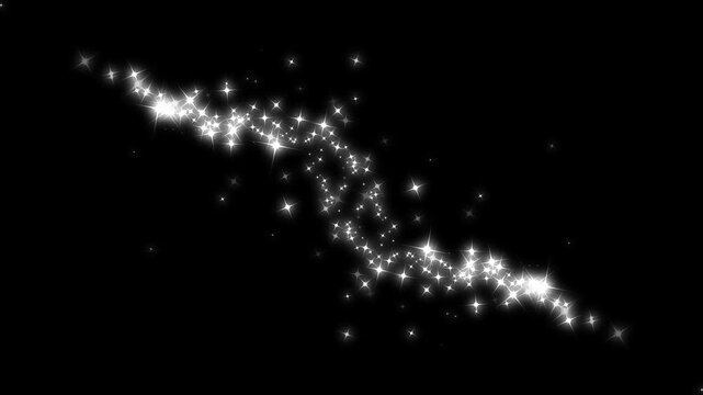 Magical white glitter star particles line design, sparkling starry glittering loop overlay, luxury festive celebration theme for award intros backdrop visual on black background. 4k video