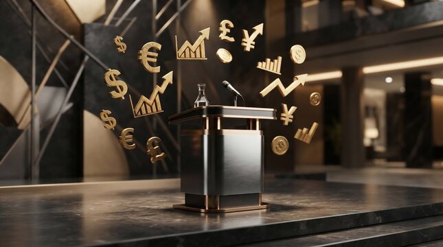 Financial symbols and charts floating above a modern podium in a grand hall