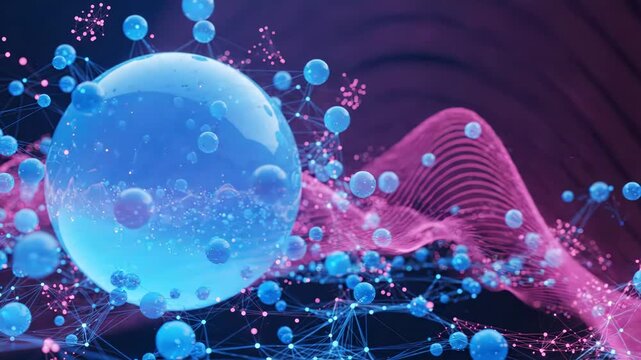 Abstract scientific visualization of molecular structures with glowing blue spheres and pink wave patterns on a dark background