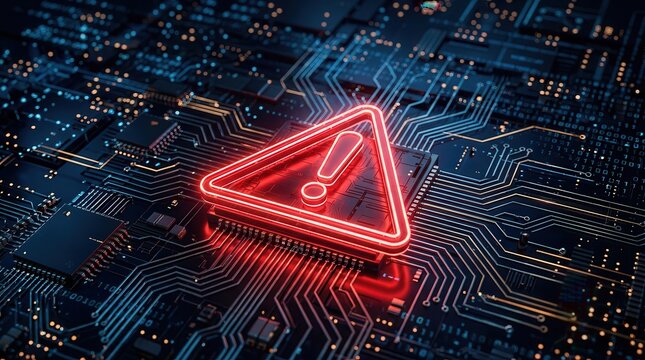 A red warning triangle illuminates a dynamic digital matrix for cybersecurity threat detection.