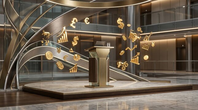 Financial symbols and charts floating around podium in modern interior