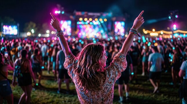 Back view of a person dancing alone at a bright open air evening festival with raised arms.