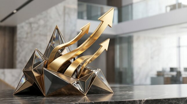 Golden arrows ascending from geometric structure symbolizing growth and success