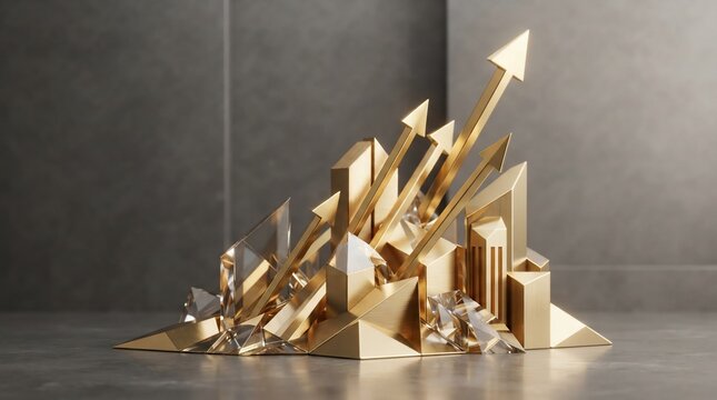 Golden arrows rising from abstract geometric shapes financial growth concept