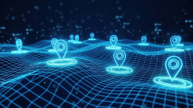 Digital map landscape with glowing GPS markers and blue location pins for navigation.