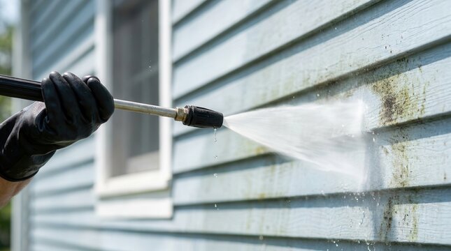 A pressure washer uses high-pressure water streams to remove stubborn dirt and grime from exterior house panels.