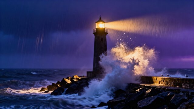 Dramatic coastal lighthouse shining through stormy waves. Seaside beacon illuminating turbulent ocean at dusk with golden light Ideal for branding, advertising, presentations, websites, social m siyam