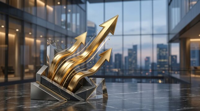 Golden arrows rising upward from geometric base against cityscape background