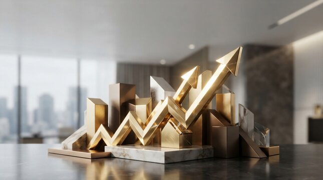 Golden financial chart graph with upward trend and arrow in modern office interior