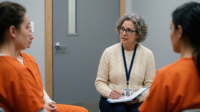 Middle aged Caucasian woman with curly gray hair leading a prison therapy session with two young women in orange uniforms.