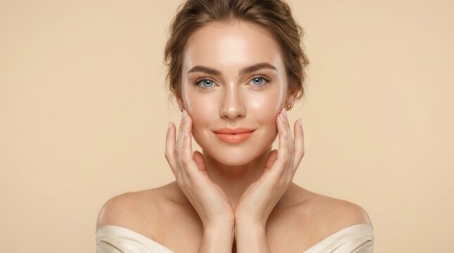 Attractive young woman experiencing facial lift and skin care revitalization.